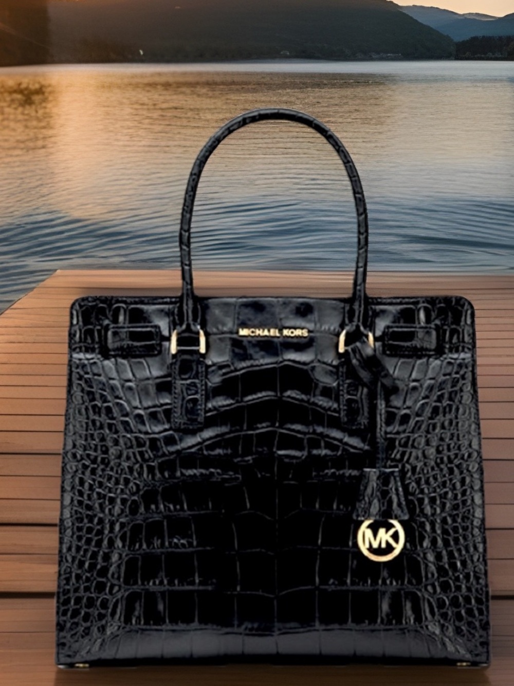 🆕 MICHAEL KORS Large Dillon Tote Croc Embossed Leather Bag Black/Gold
